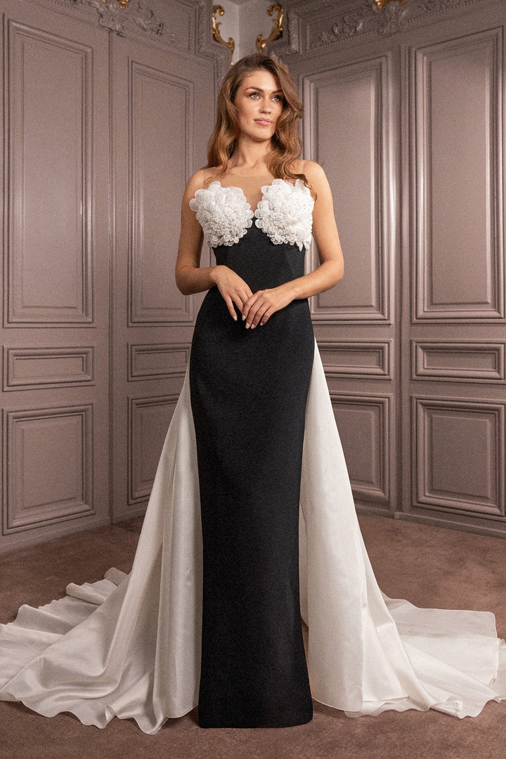 Crepe Strapless Dress with White Organza Train