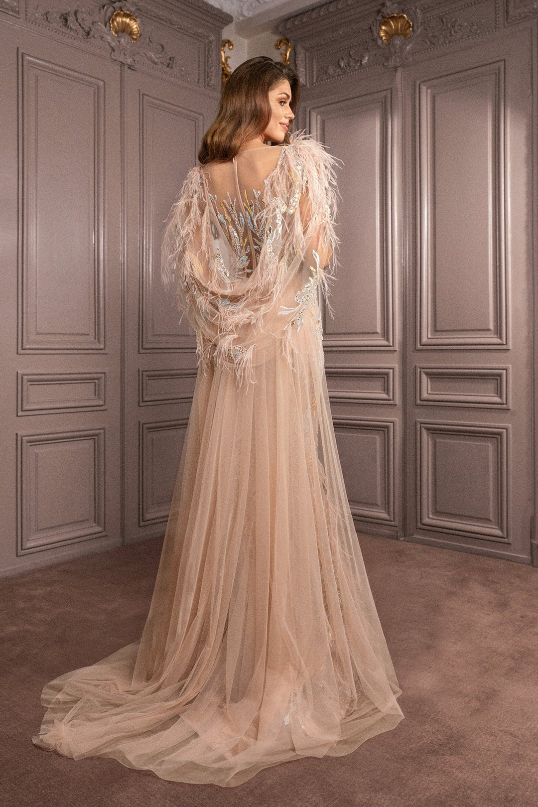 Tulle Embroidered Mermaid Dress with Feathers