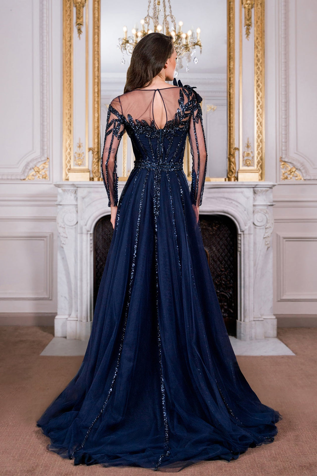 Long Sleeves Embroidered Tulle Dress FR 42 / Navy Long Sleeves Embroidered Tulle Dress FR 42 / Navy
