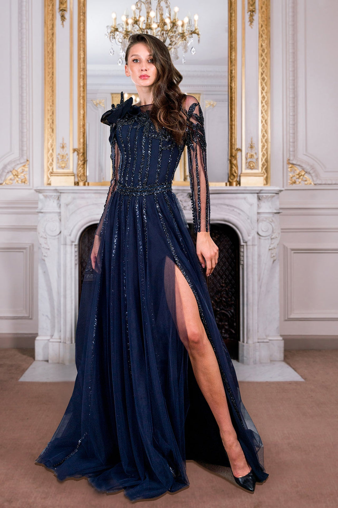 Long Sleeves Embroidered Tulle Dress FR 42 / Navy Long Sleeves Embroidered Tulle Dress FR 42 / Navy