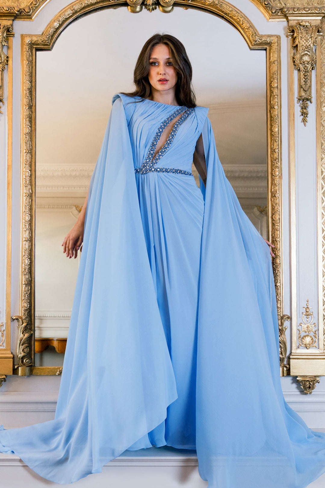 Crepe Georgette A-line Dress with Cape Sleeves Crepe Georgette A-line Dress with Cape Sleeves