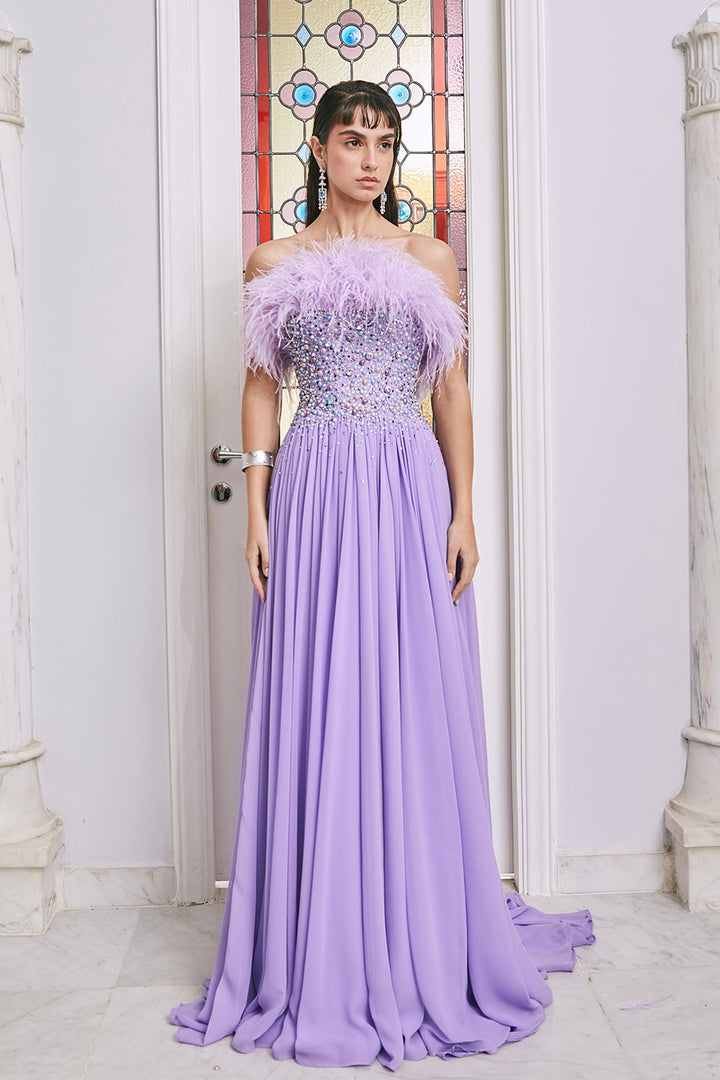 Beaded Strapless A-line Dress with Feathers