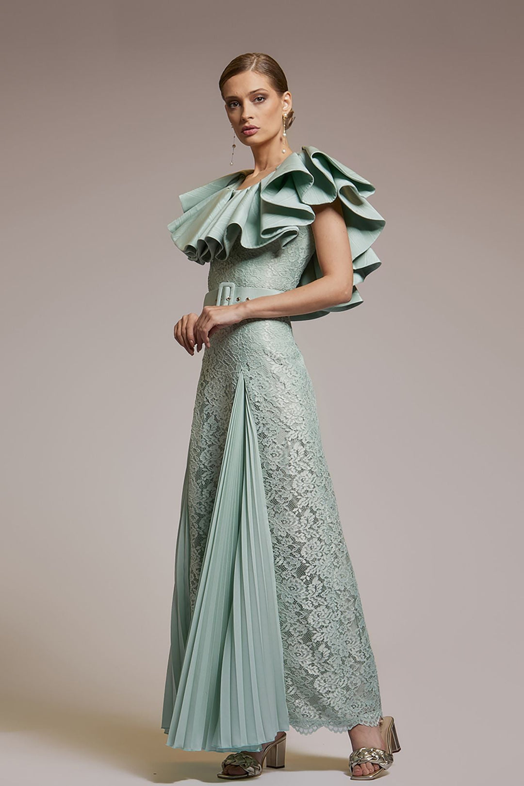 Lace A-Line Midi Dress with Ruffled Neckline Wisp / FR 34 Lace A-Line Midi Dress with Ruffled Neckline Wisp / FR 34