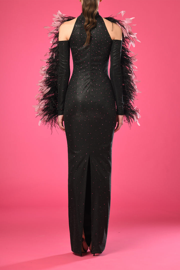 Long Sleeves Crepe Dress with Feathers