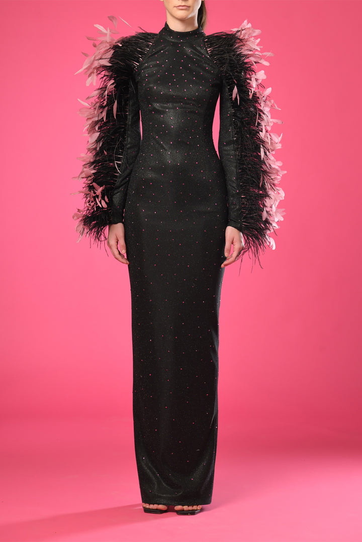 Long Sleeves Crepe Dress with Feathers