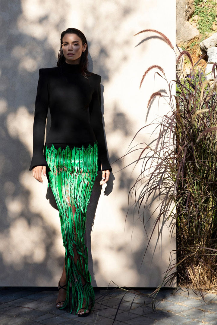 Crepe Bodice with Feathered Skirt