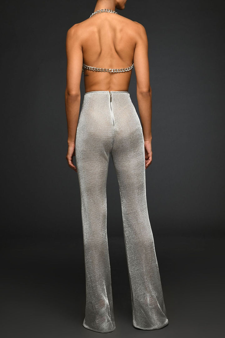 Crystal-Embroidered Crop Top with Trousers