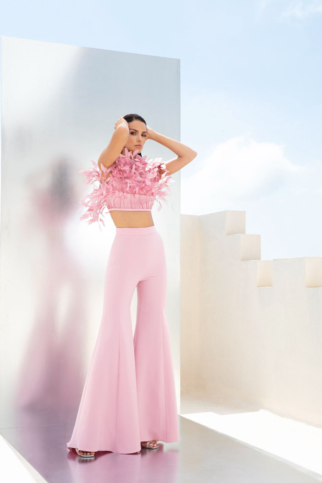 Strapless Feathered Top with Trousers