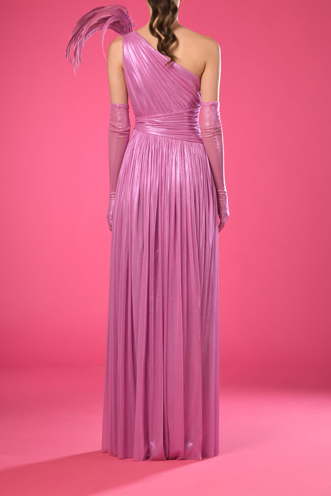 One-Shoulder Silk Foiled Draped Dress