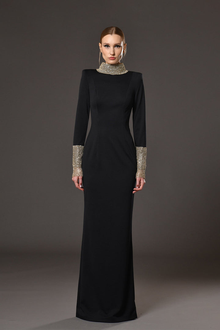 Jersey Long-Sleeved Dress with Crystal Chainmail