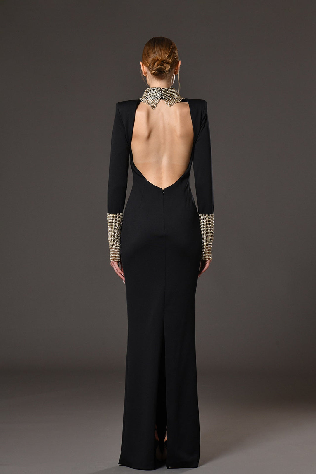 chainmail dress long sleeve Black jersey dress with crystal chainmail on the neckline and sleeves