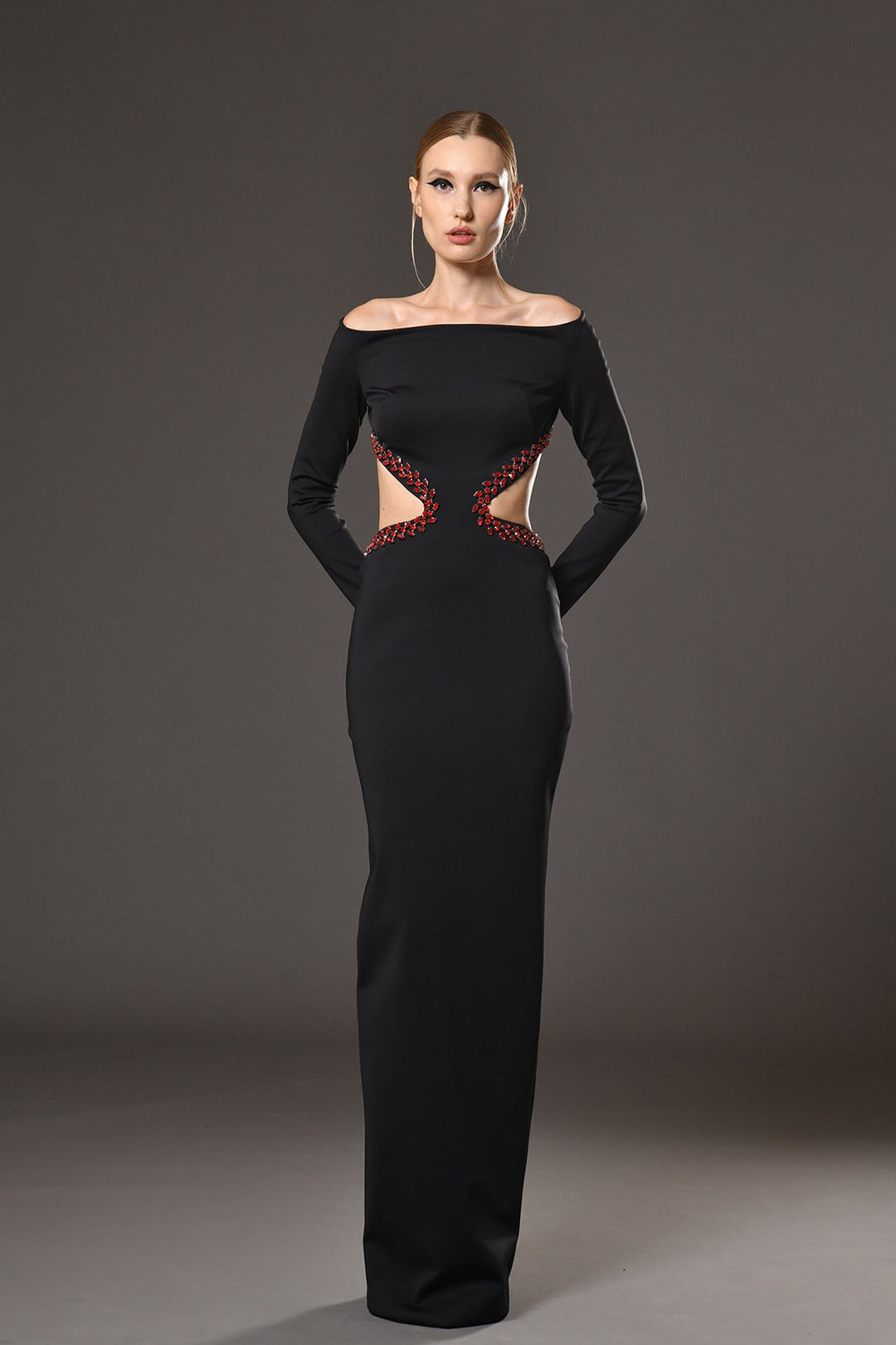 Off-The-Shoulder Fitted Long Dress with Cutout Black / US 22