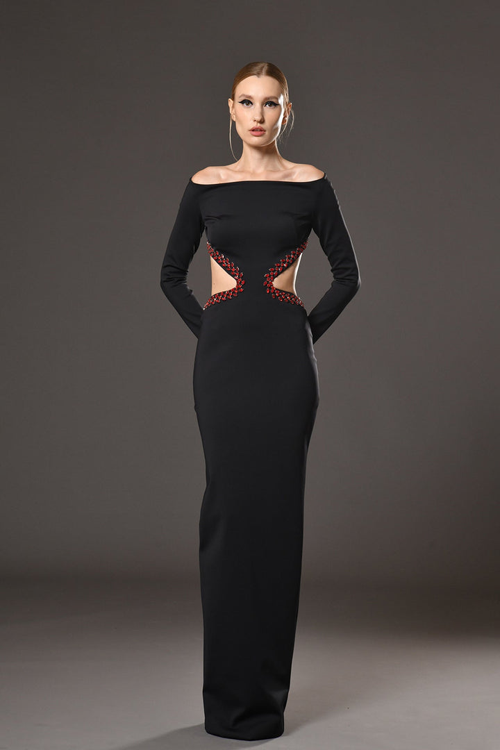 Jersey Off-The-Shoulder Fitted Dress with Cutout and Embroidery