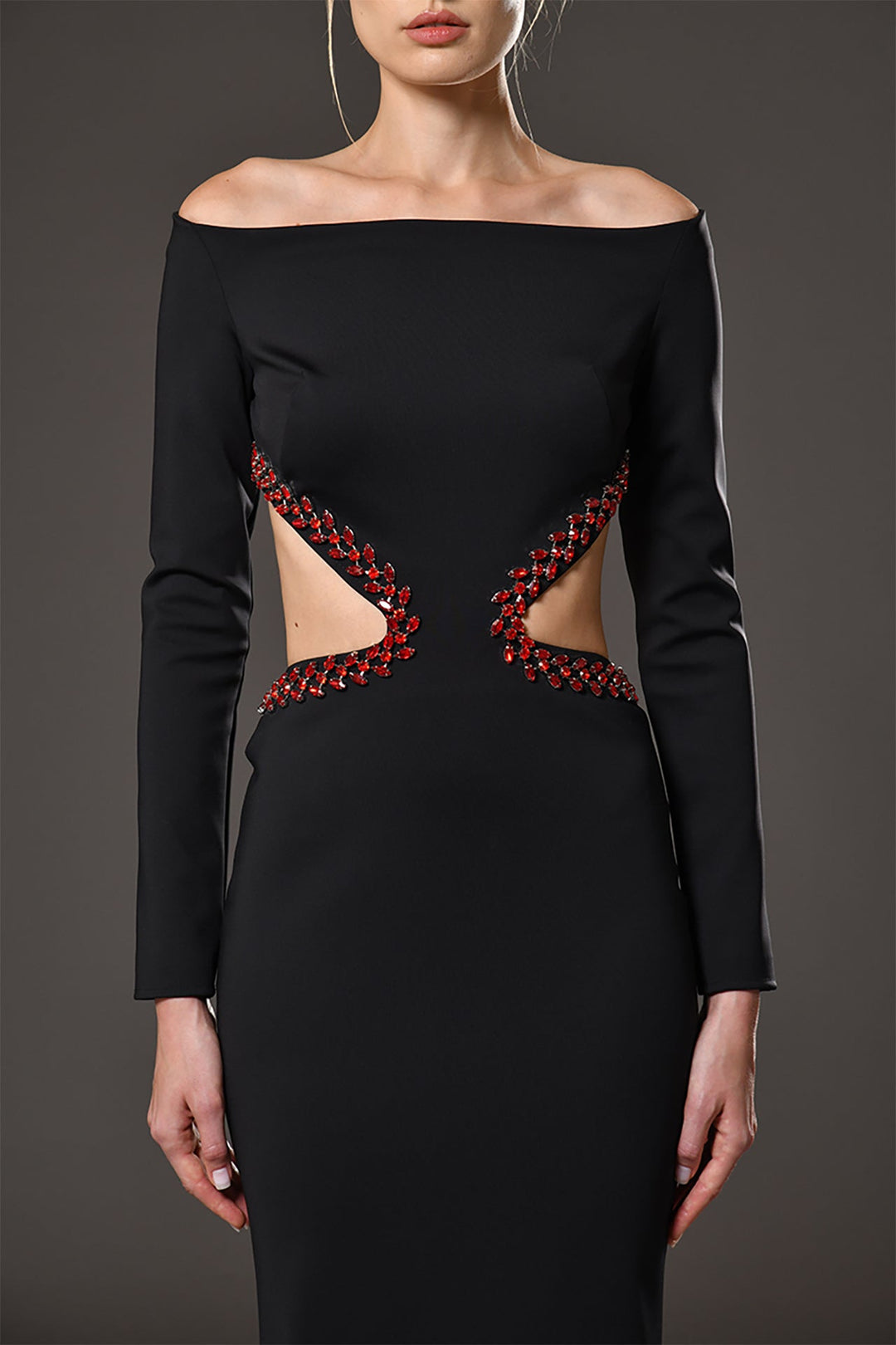 Jersey Off-The-Shoulder Fitted Dress with Cutout and Embroidery