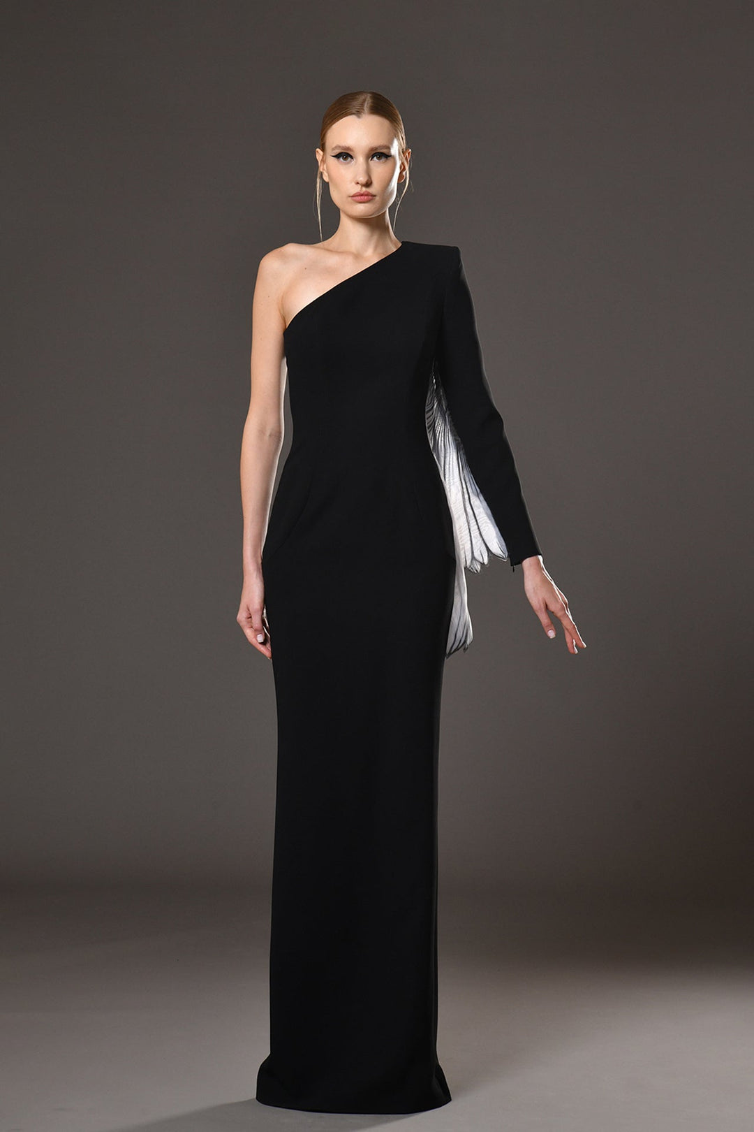 Crepe Asymmetric Dress with Silk Organza Detail Black / US 10