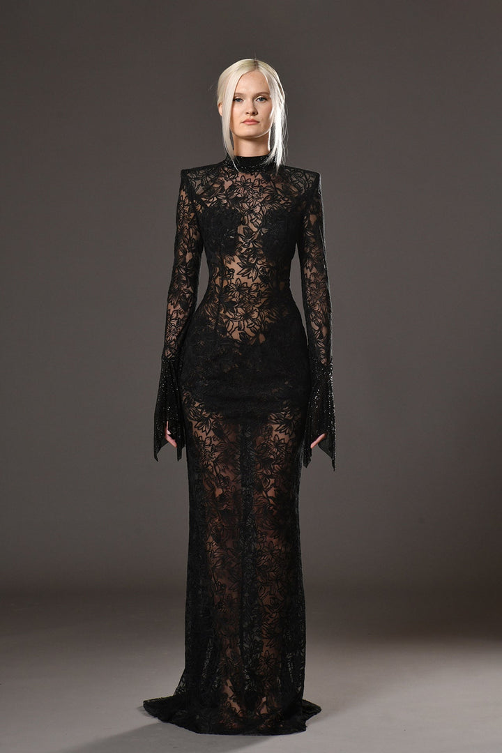 Lace Long-Sleeved Fitted Dress with Crystal Chainmail