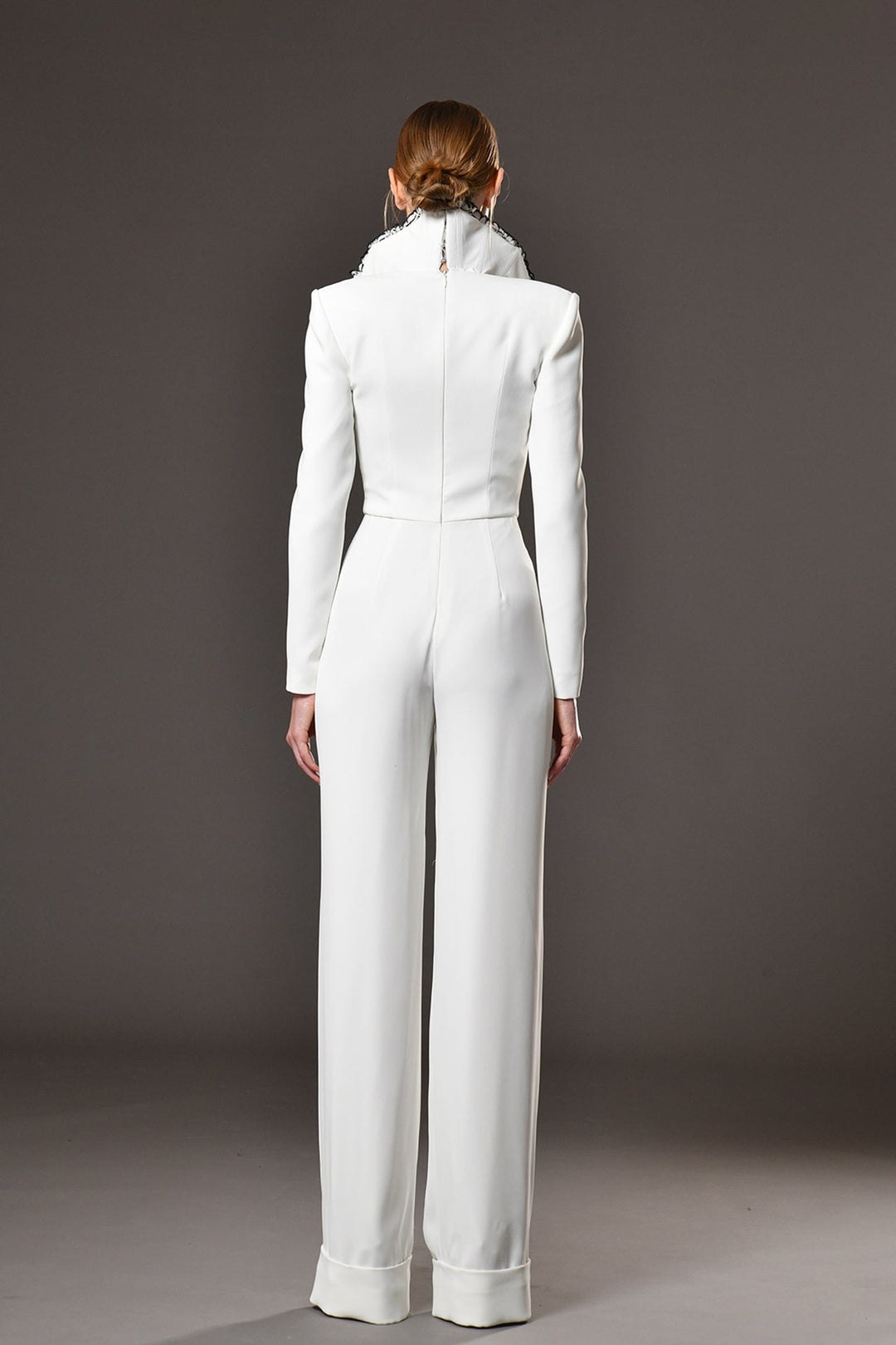 Crepe Long-Sleeved Jumpsuit with Feather Embroidery