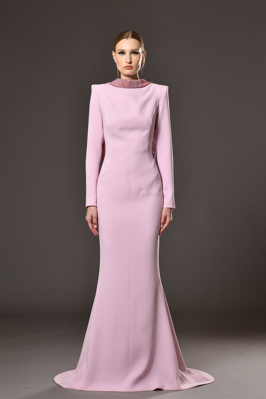 Open back crepe dress with crystals Pink / US 0 Open back crepe dress with crystals Pink / US 0