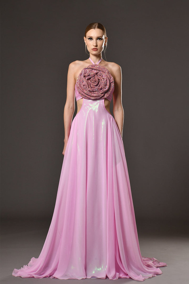 Silk Satin A-line Dress with Crystal Chainmail Flower