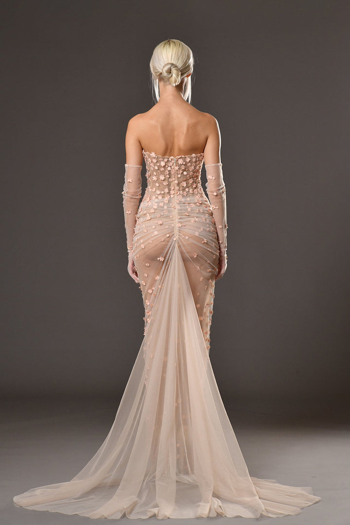 Silk Tulle Strapless Draped Fitted Dress with Floral Motifs