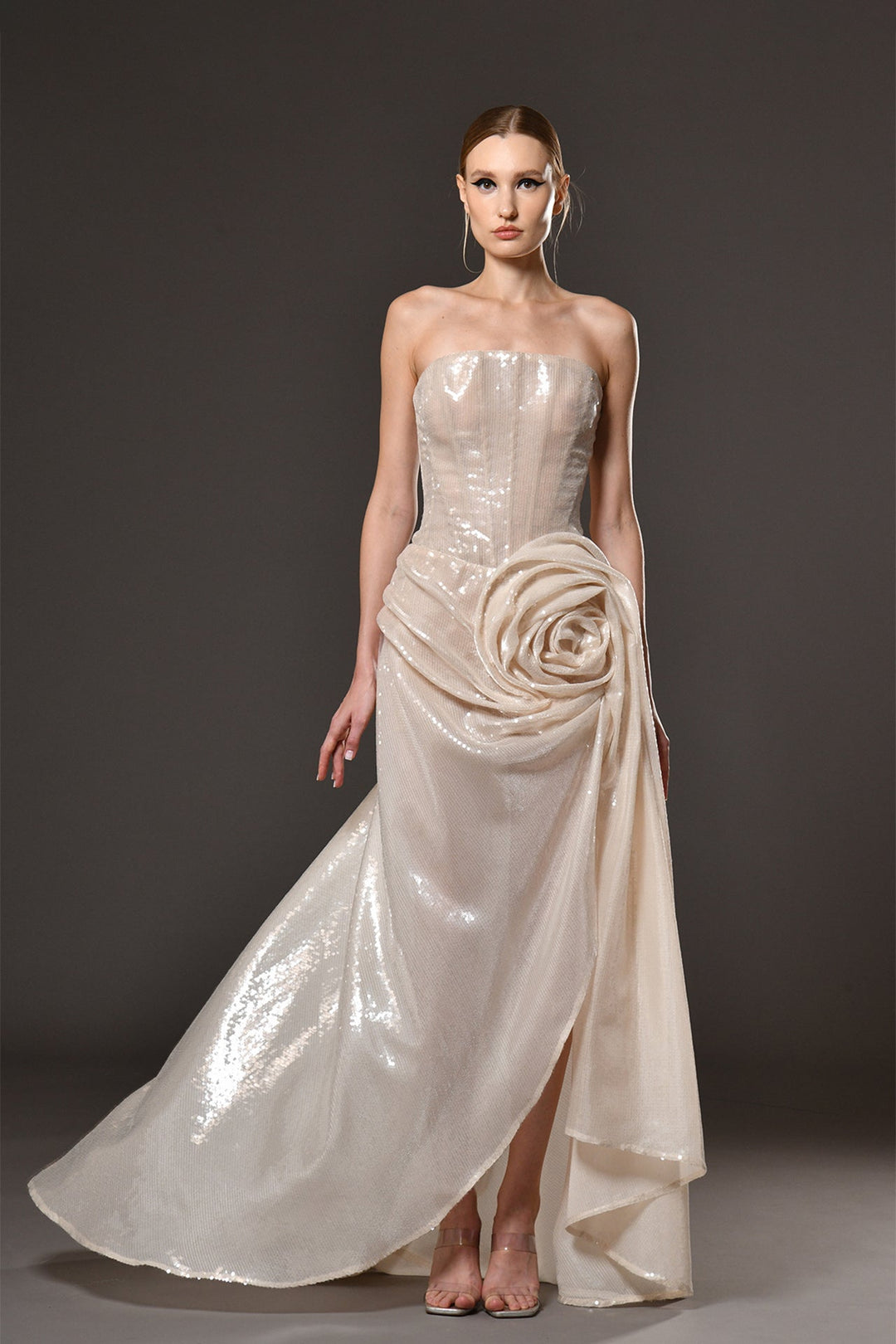 Sequined corset dress with floral details Beige / US 4 Sequined corset dress with floral details Beige / US 4