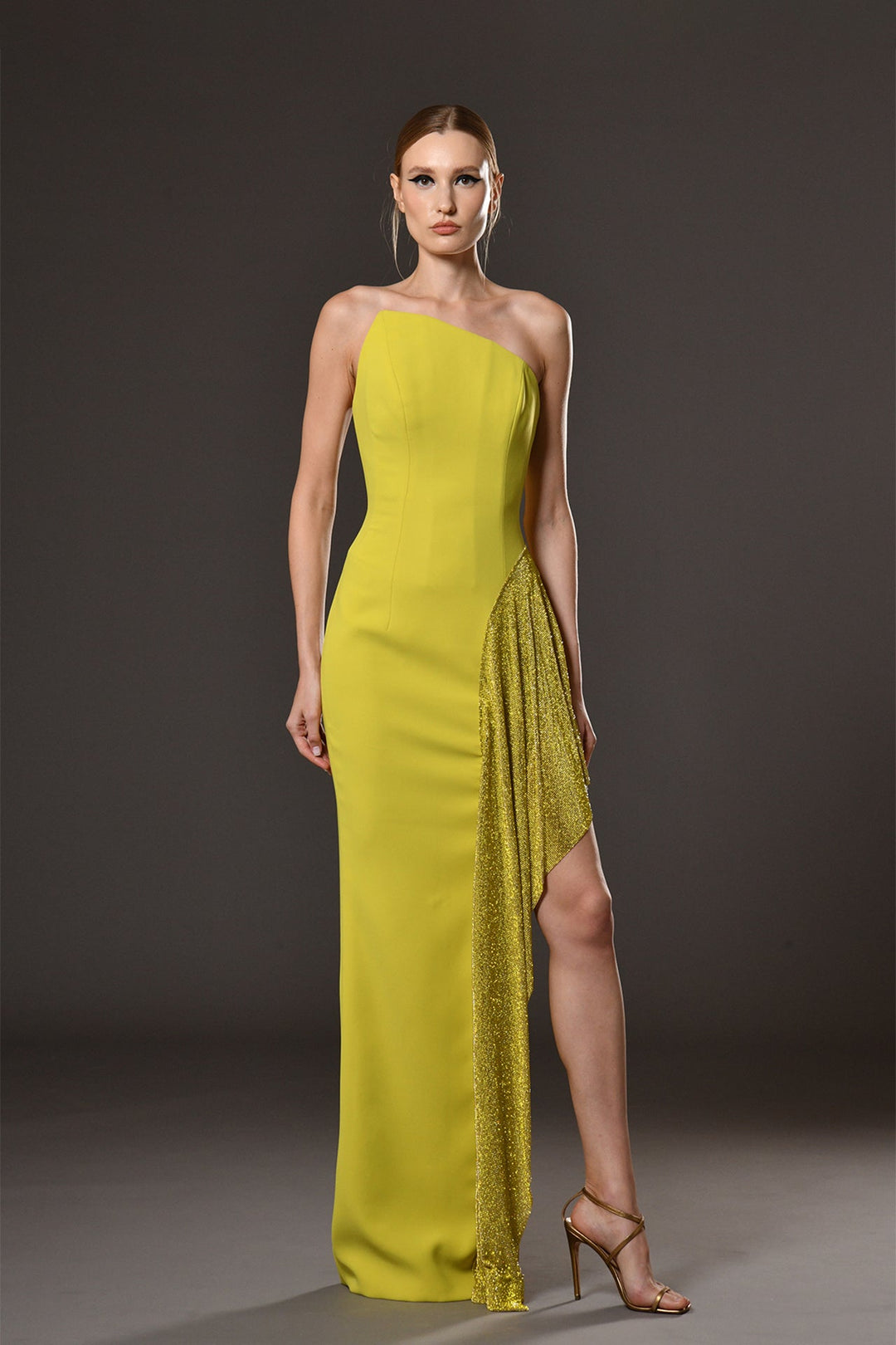 Crepe Strapless Fitted Dress with Rhinestone Chainmail M.R DESIGN Crepe Strapless Fitted Dress with Rhinestone Chainmail M.R DESIGN