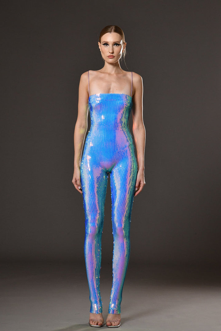 Holographic Sequined Fitted Sleeveless Jumpsuit