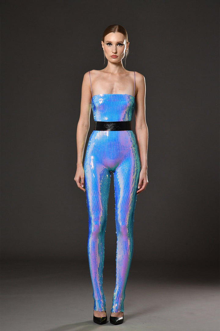 Holographic Sequined Fitted Sleeveless Jumpsuit