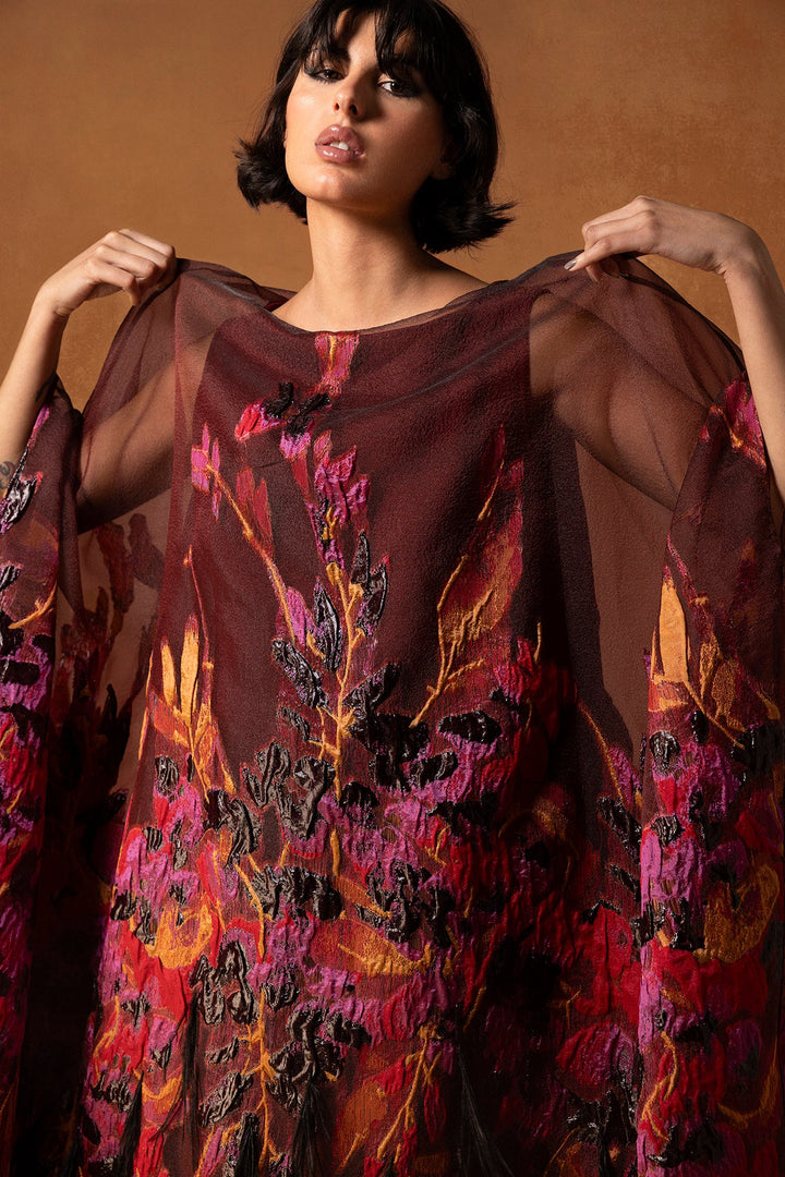 Organza Jacquard Kaftan with Floral and Feather Embroidery