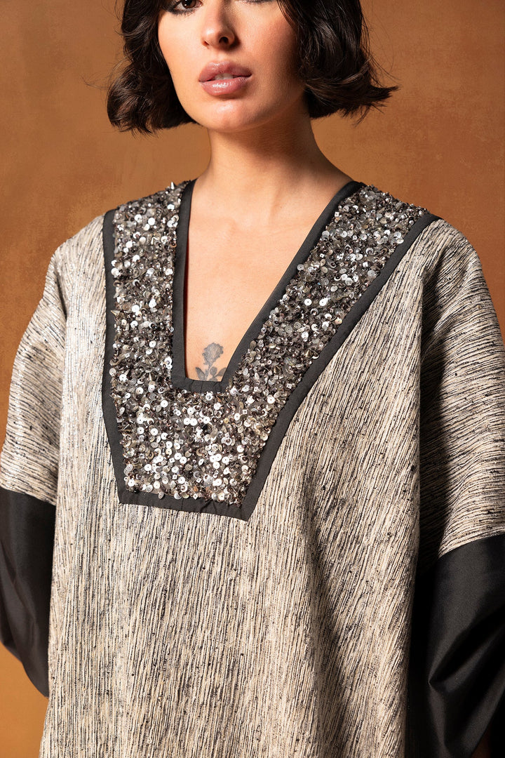 Silk Jacquard Kaftan with Beading