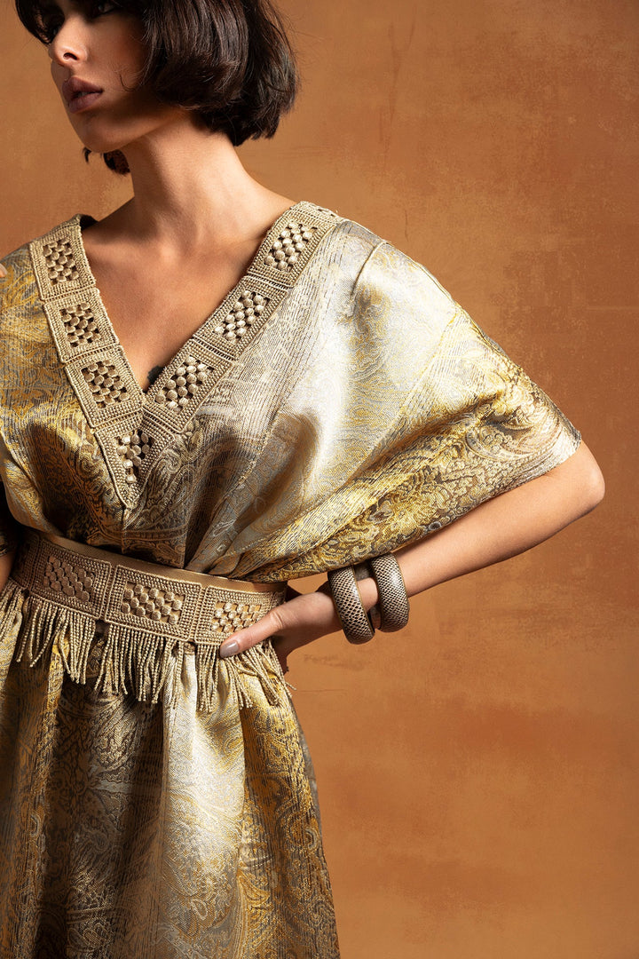 Silk Jacquard Kaftan with Guipure