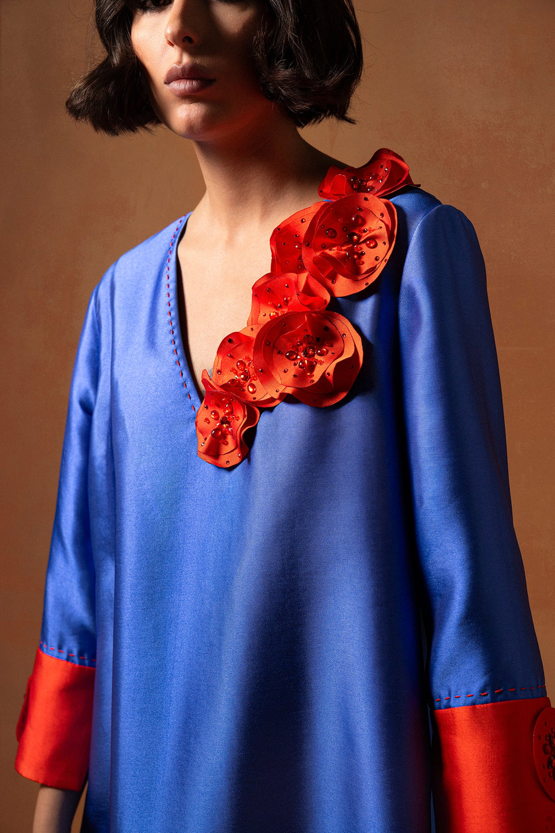 Mikado Kaftan with Adorned Handmade Flowers and Stones