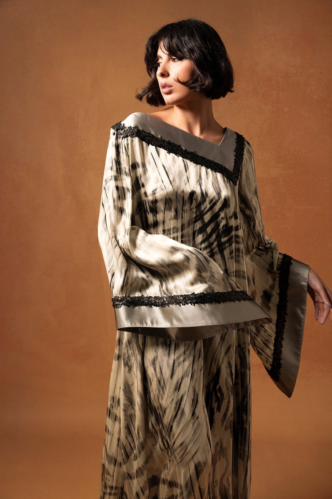 Printed Silk Satin Kaftan with Silk Mikado Details