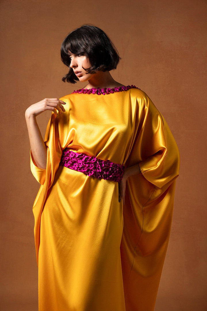 Silk Satin Kaftan with Handmade Flowers