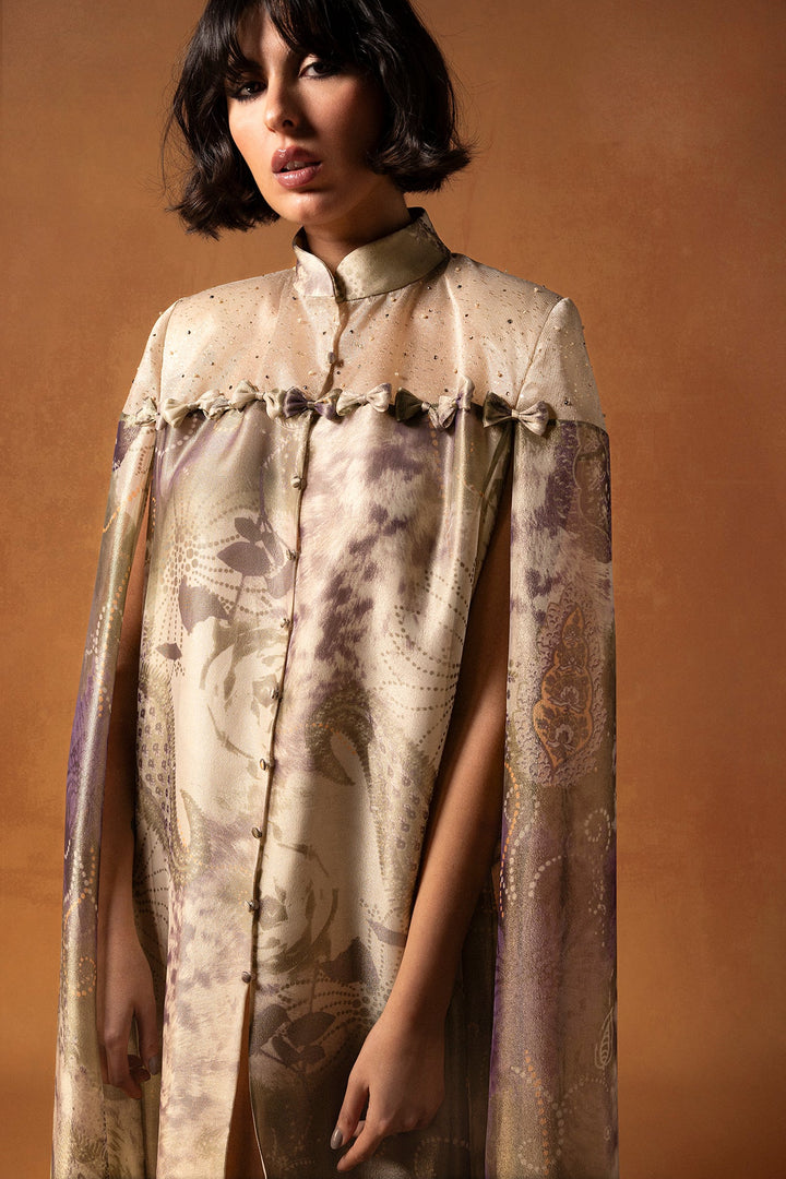 Printed Silk Kaftan with Triple Organza Details