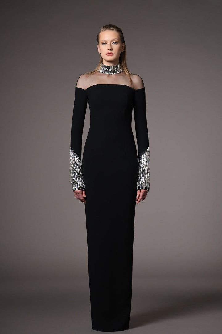 Crepe Long-Sleeved Fitted Dress with Embroidery