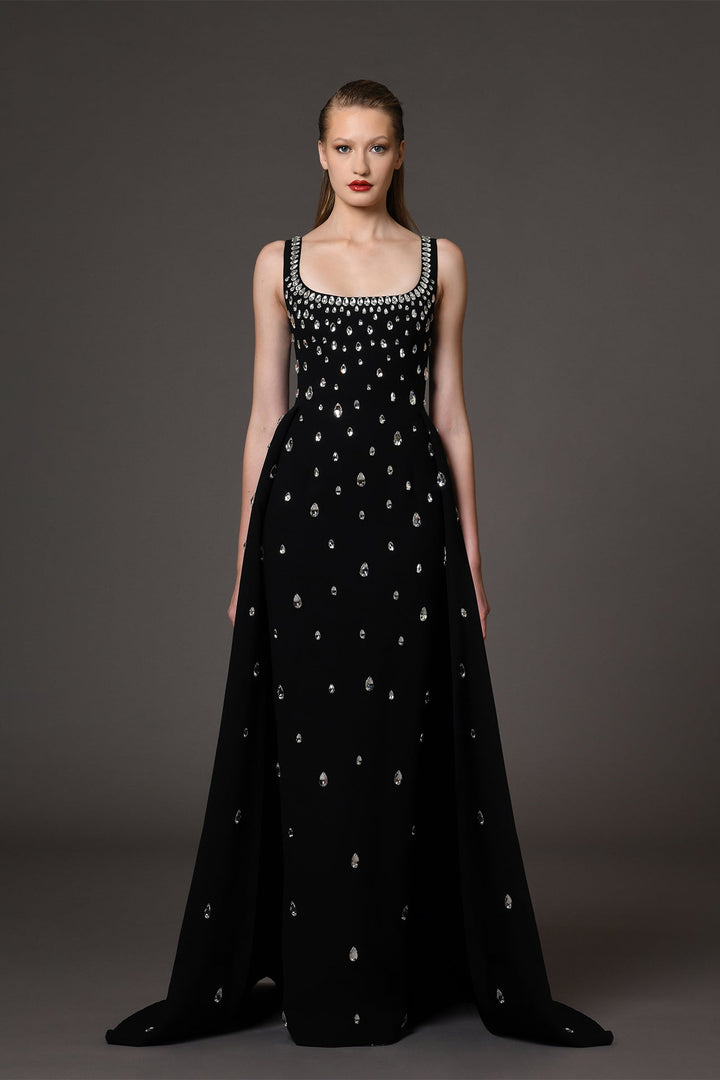 Crepe Dress with Overskirt and Crystal Embroidery