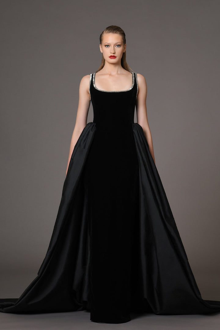 Velvet Sleeveless Dress with Taffeta Overskirt