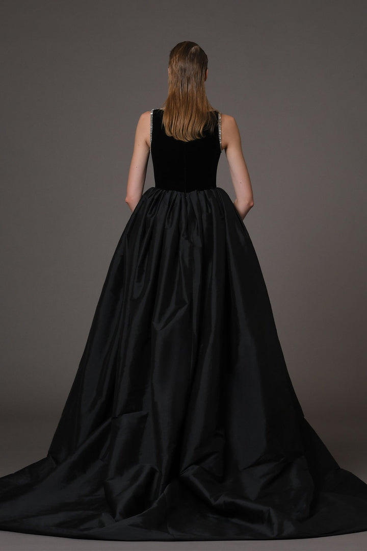 Velvet Sleeveless Dress with Taffeta Overskirt