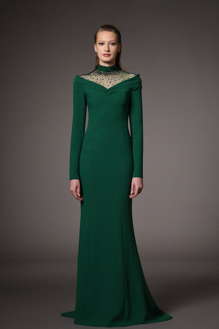 Crepe Long-Sleeved Mermaid Dress with Embroidery