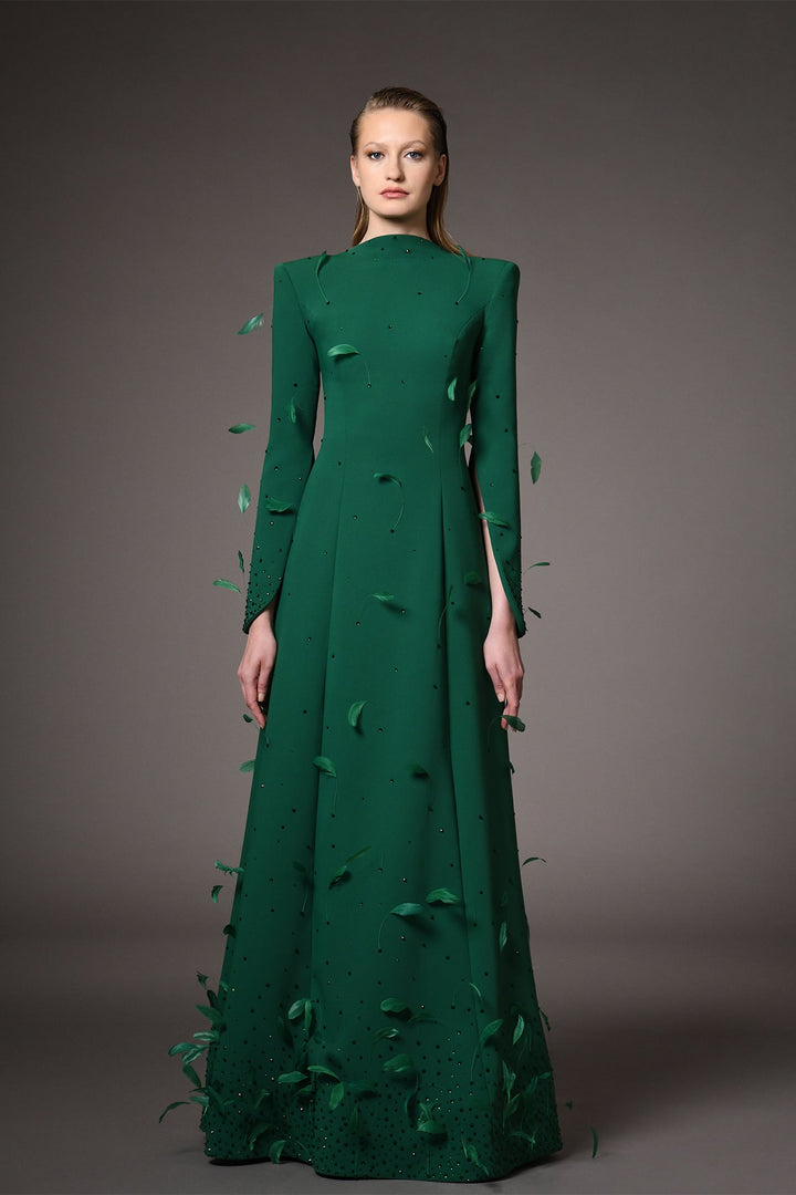 Crepe Long-Sleeved A-line Dress with Feathers