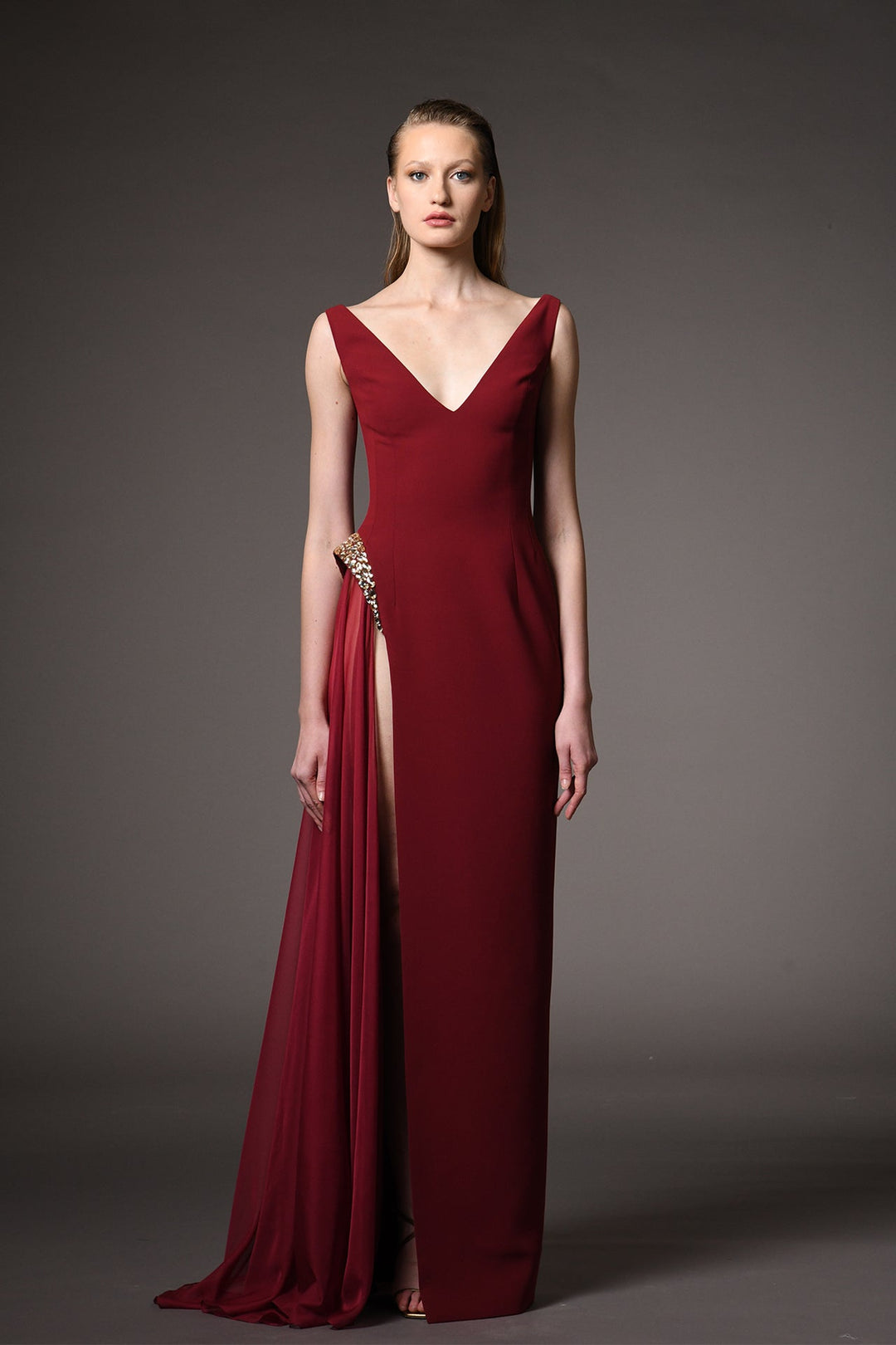 Crepe and Chiffon Sleeveless Column Dress Burgundy / US 12