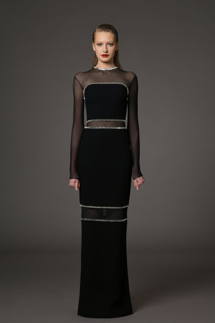 Crepe and Tulle Long-Sleeved Dress with Embroidery