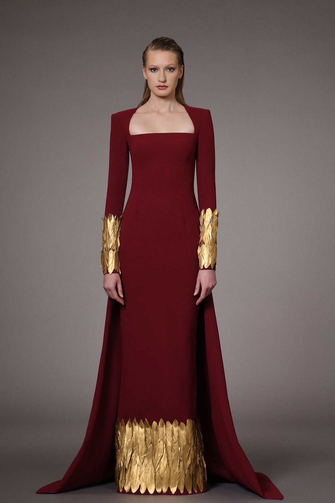 Crepe dress with gold feathers on hem and sleeves Dark Red / US 14 Crepe dress with gold feathers on hem and sleeves Dark Red / US 14