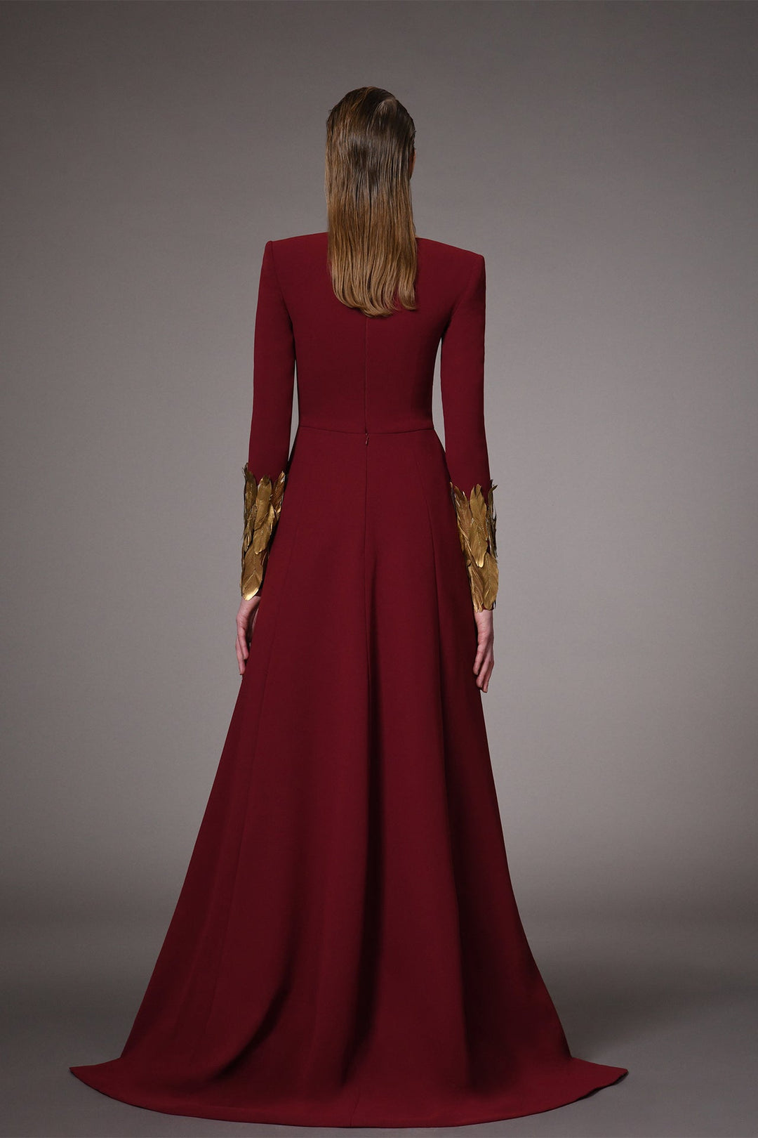 Crepe dress with gold feathers on hem and sleeves Dark Red / US 14 Crepe dress with gold feathers on hem and sleeves Dark Red / US 14