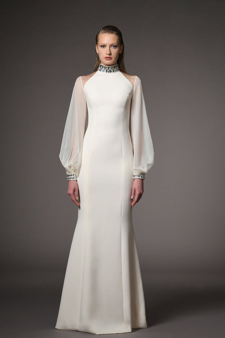 Crepe Long-Sleeved Mermaid Dress with Embroidery