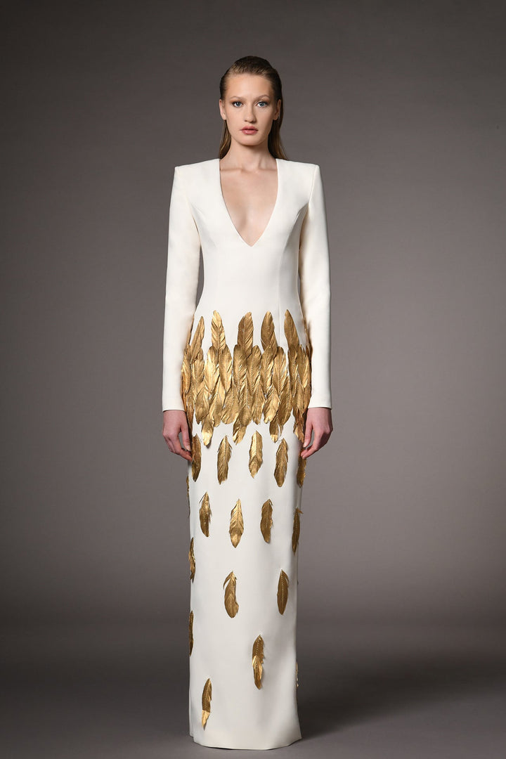 Crepe Long-Sleeved Column Dress with Feathers