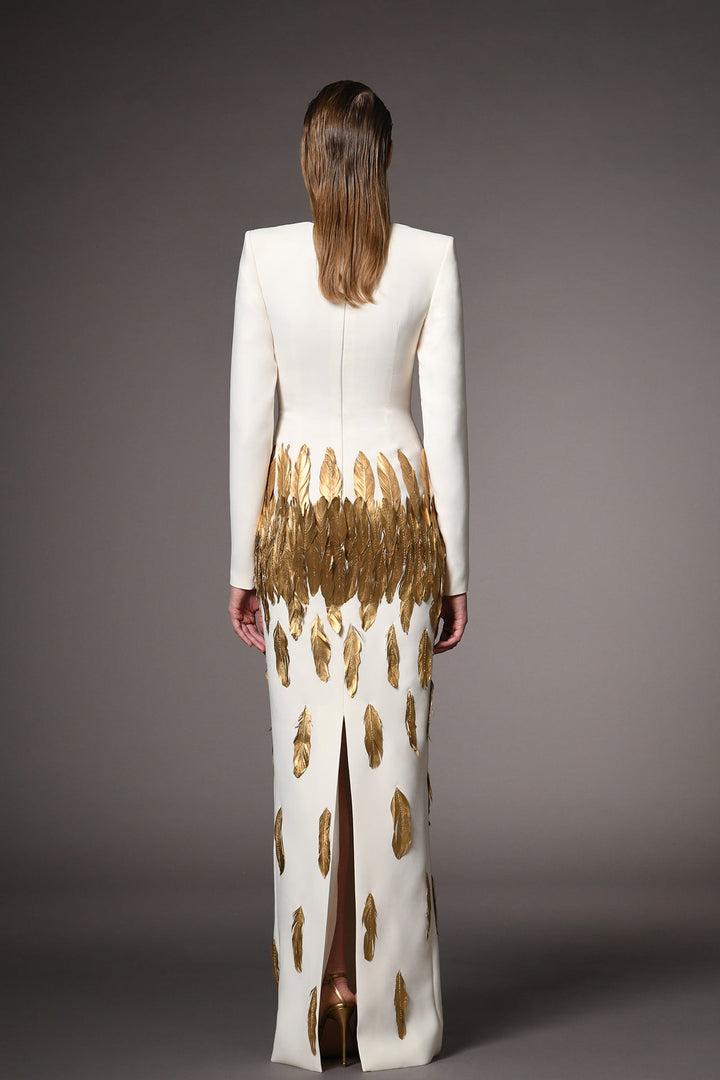 Crepe Long-Sleeved Column Dress with Feathers