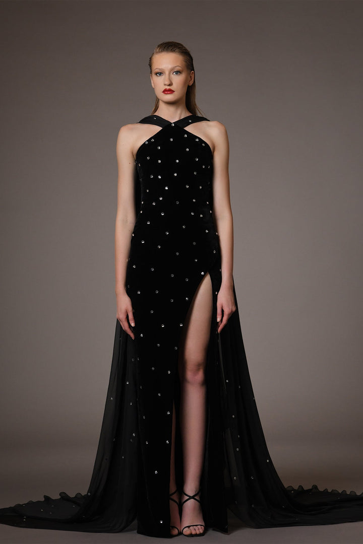 Velvet Fitted Dress with Chiffon Cape and Embroidery