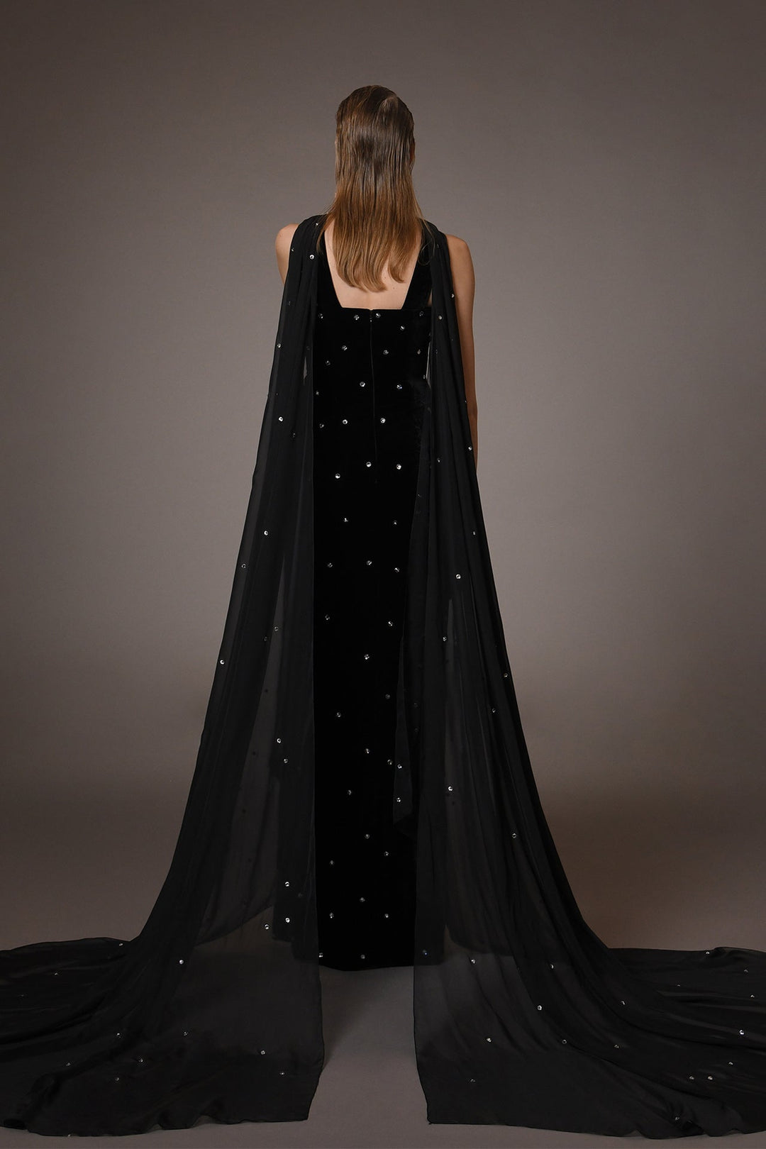 Velvet Fitted Dress with Chiffon Cape and Embroidery